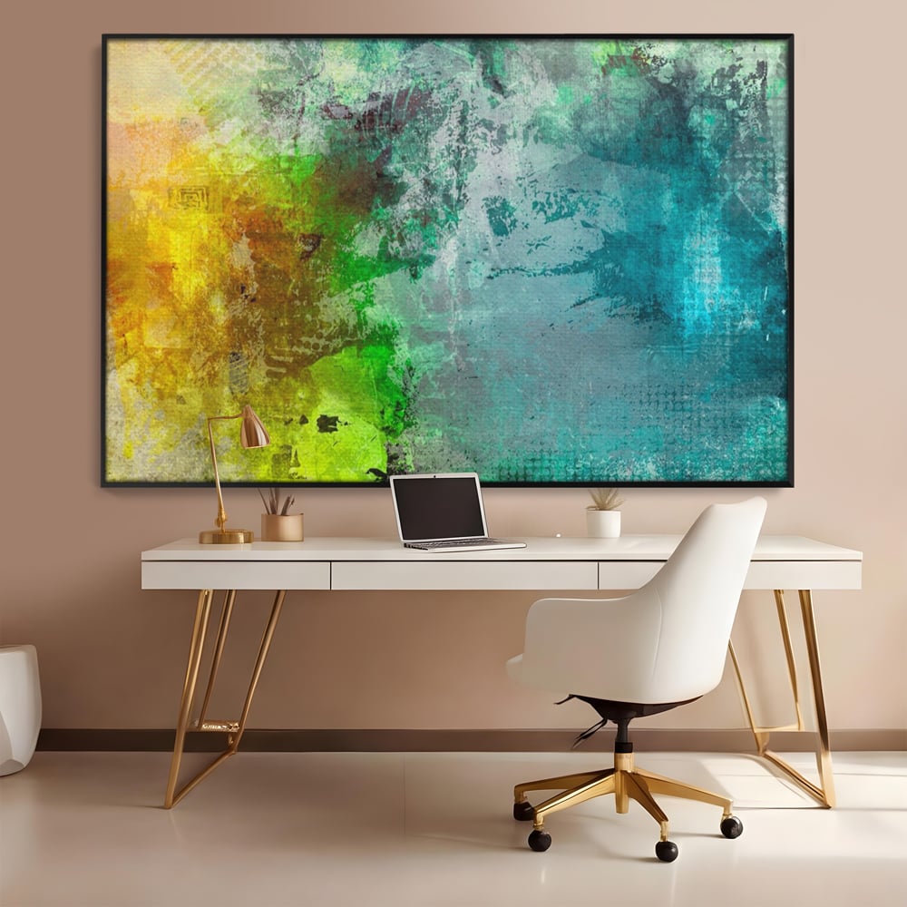 Tablou canvas cu tablou canvas cu compozitie abstracta, in rama de aluminiu negru, pe perete intr-un birou